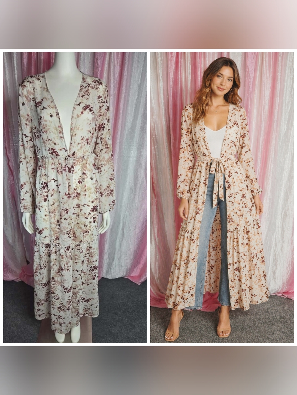 Rebellion Again Sheer Floral Tiered Maxi Open Kimono Duster Size Medium